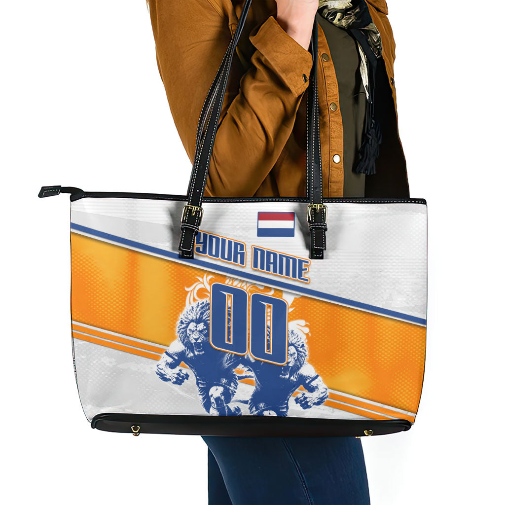 Personalized Netherlands Football Leather Tote Bag Dutch Lion Heritage Mascot Flame Swirl