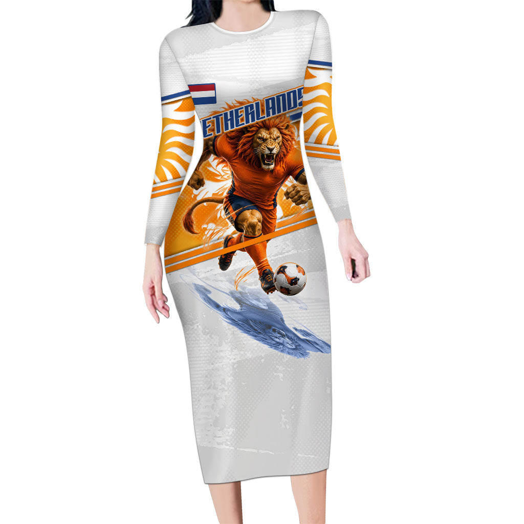 Personalized Netherlands Football Long Sleeve Bodycon Dress Dutch Lion Heritage Mascot Flame Swirl