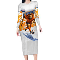 Personalized Netherlands Football Long Sleeve Bodycon Dress Dutch Lion Heritage Mascot Flame Swirl