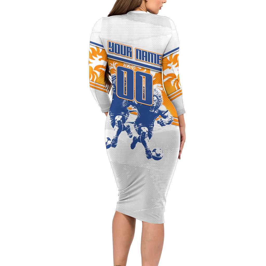 Personalized Netherlands Football Long Sleeve Bodycon Dress Dutch Lion Heritage Mascot Flame Swirl