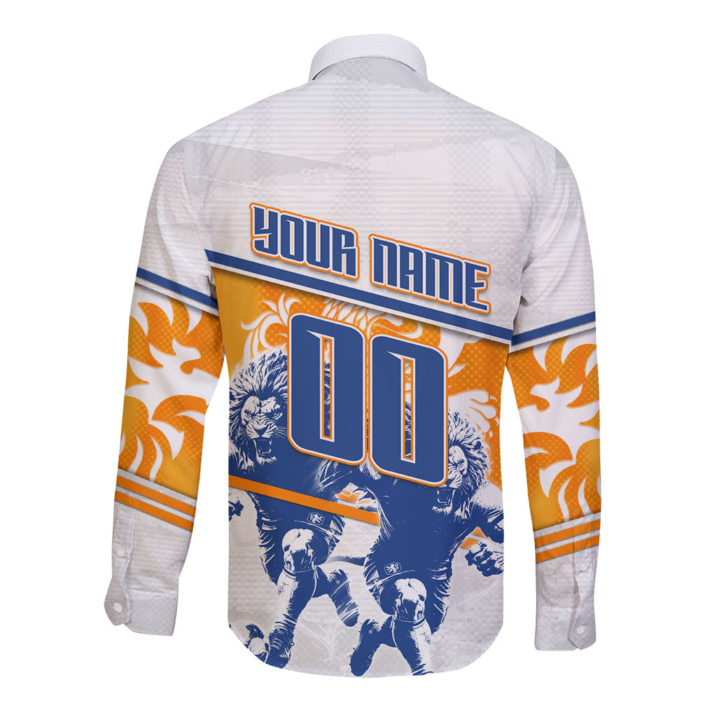 Personalized Netherlands Football Long Sleeve Button Shirt Dutch Lion Heritage Mascot Flame Swirl