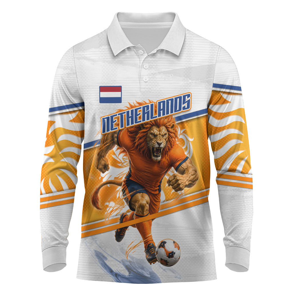 Personalized Netherlands Football Long Sleeve Polo Shirt Dutch Lion Heritage Mascot Flame Swirl