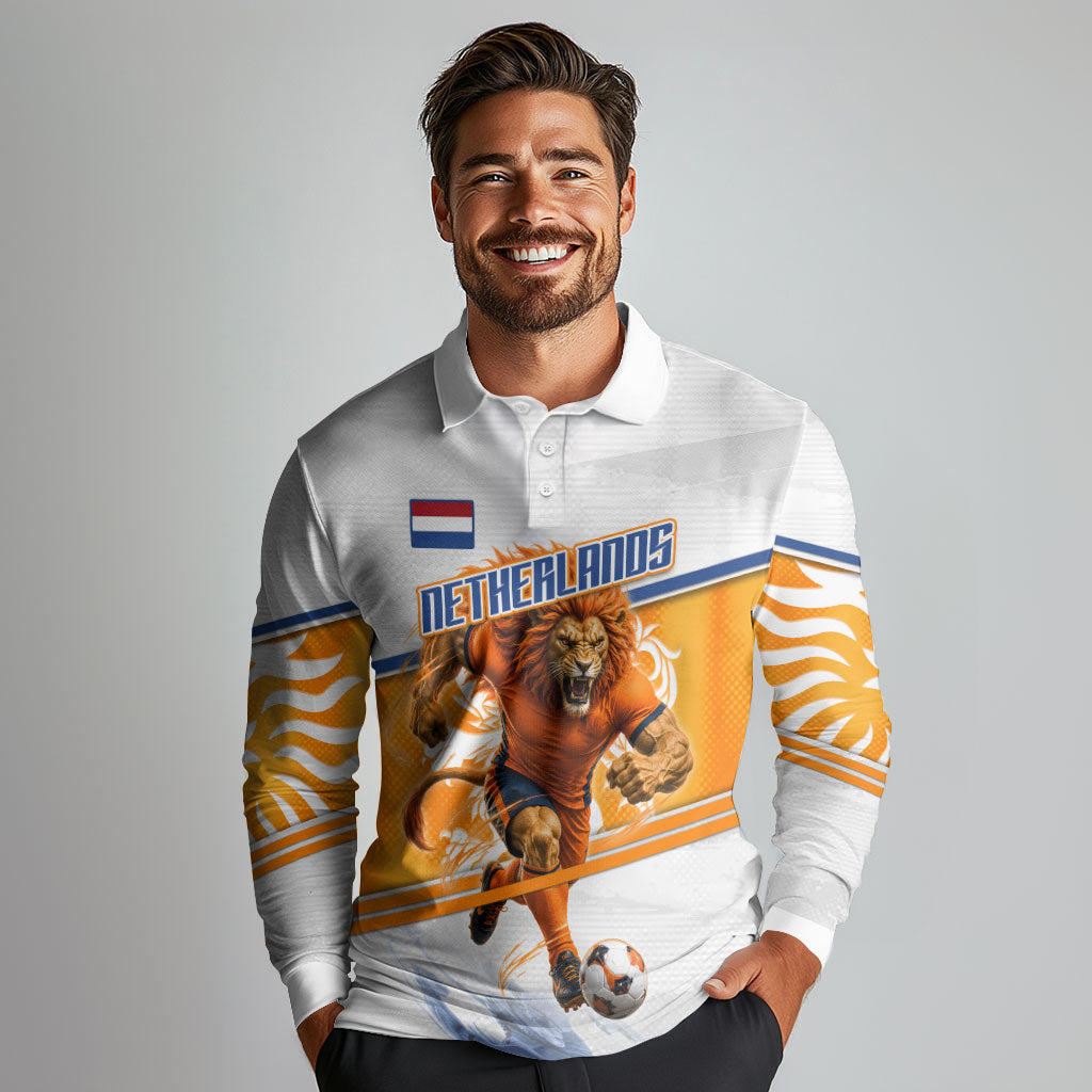 Personalized Netherlands Football Long Sleeve Polo Shirt Dutch Lion Heritage Mascot Flame Swirl