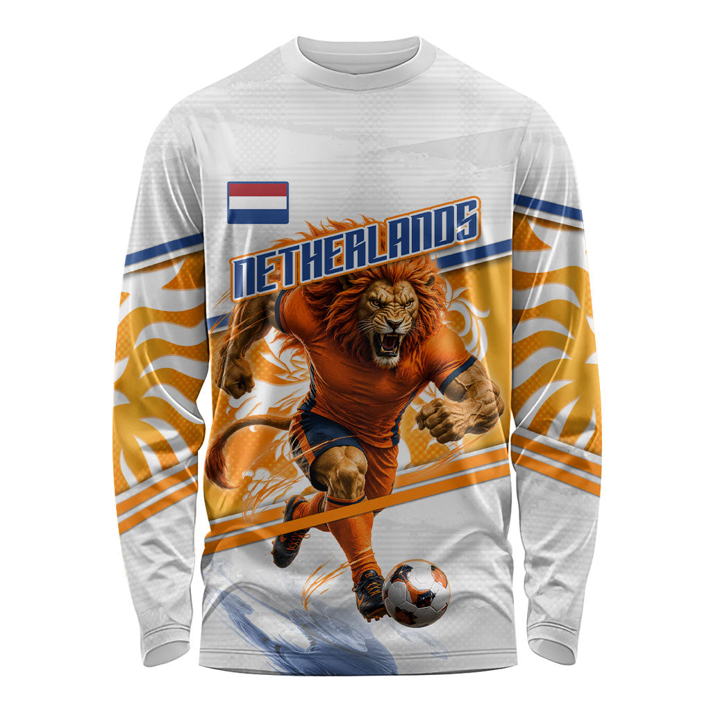 Personalized Netherlands Football Long Sleeve Shirt Dutch Lion Heritage Mascot Flame Swirl