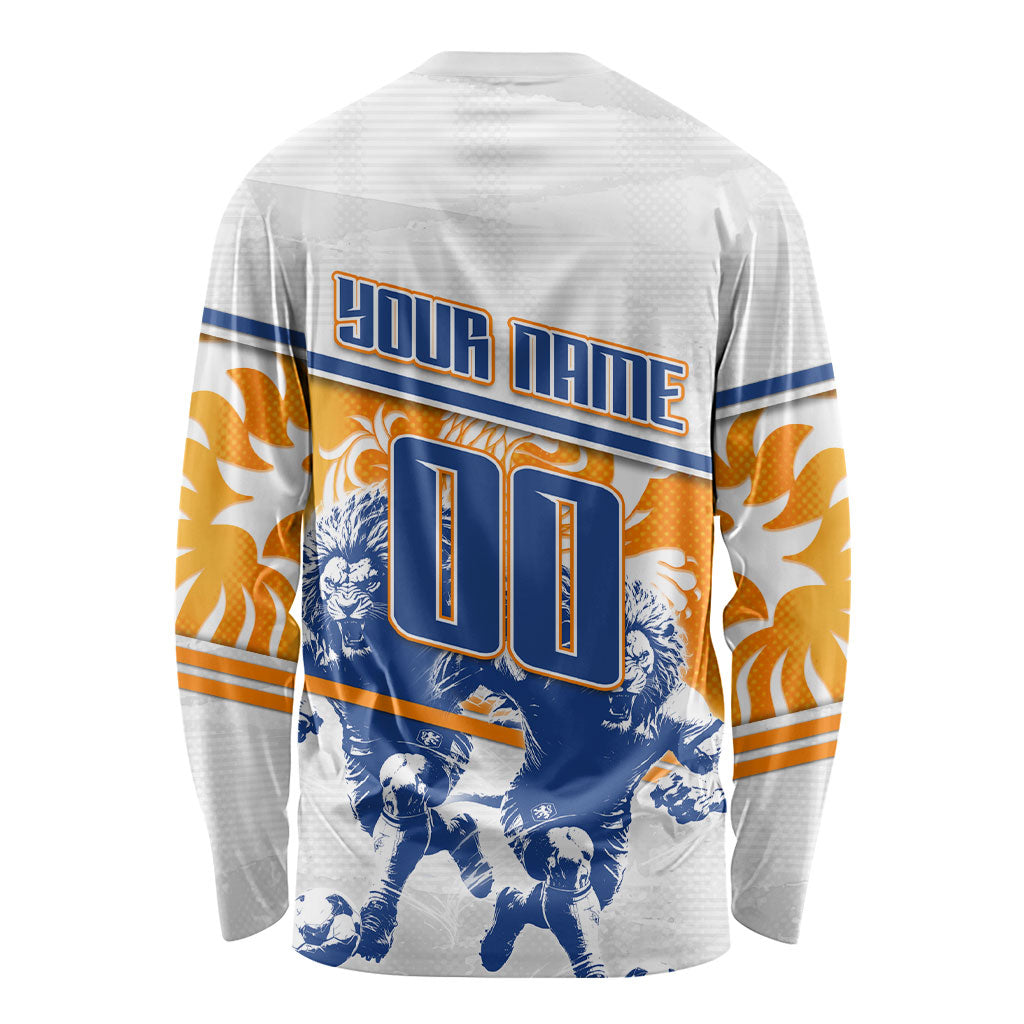 Personalized Netherlands Football Long Sleeve Shirt Dutch Lion Heritage Mascot Flame Swirl