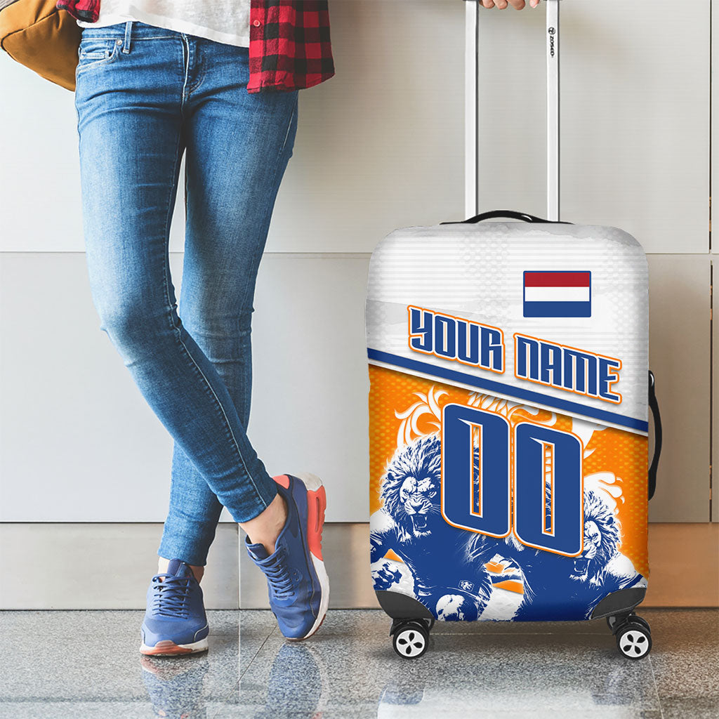 Personalized Netherlands Football Luggage Cover Dutch Lion Heritage Mascot Flame Swirl
