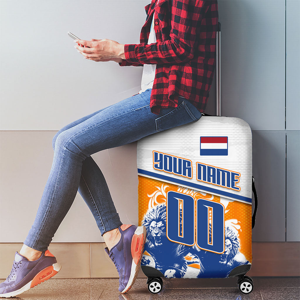 Personalized Netherlands Football Luggage Cover Dutch Lion Heritage Mascot Flame Swirl