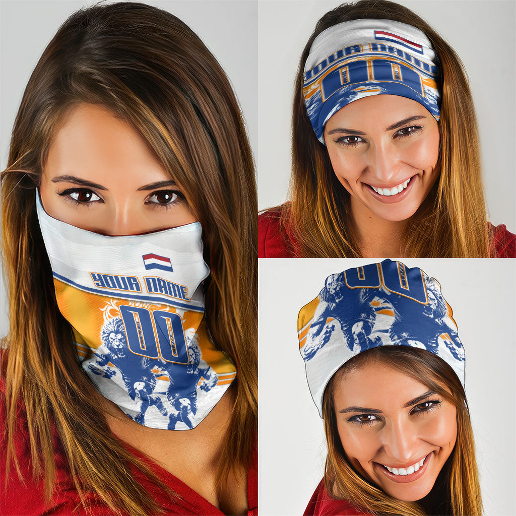 Personalized Netherlands Football Neck Gaiter Dutch Lion Heritage Mascot Flame Swirl