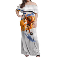 Personalized Netherlands Football Off Shoulder Maxi Dress Dutch Lion Heritage Mascot Flame Swirl