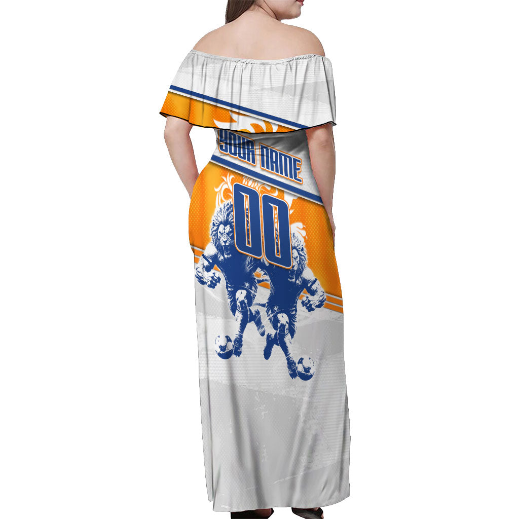 Personalized Netherlands Football Off Shoulder Maxi Dress Dutch Lion Heritage Mascot Flame Swirl