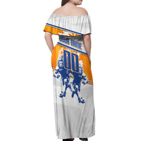 Personalized Netherlands Football Off Shoulder Maxi Dress Dutch Lion Heritage Mascot Flame Swirl