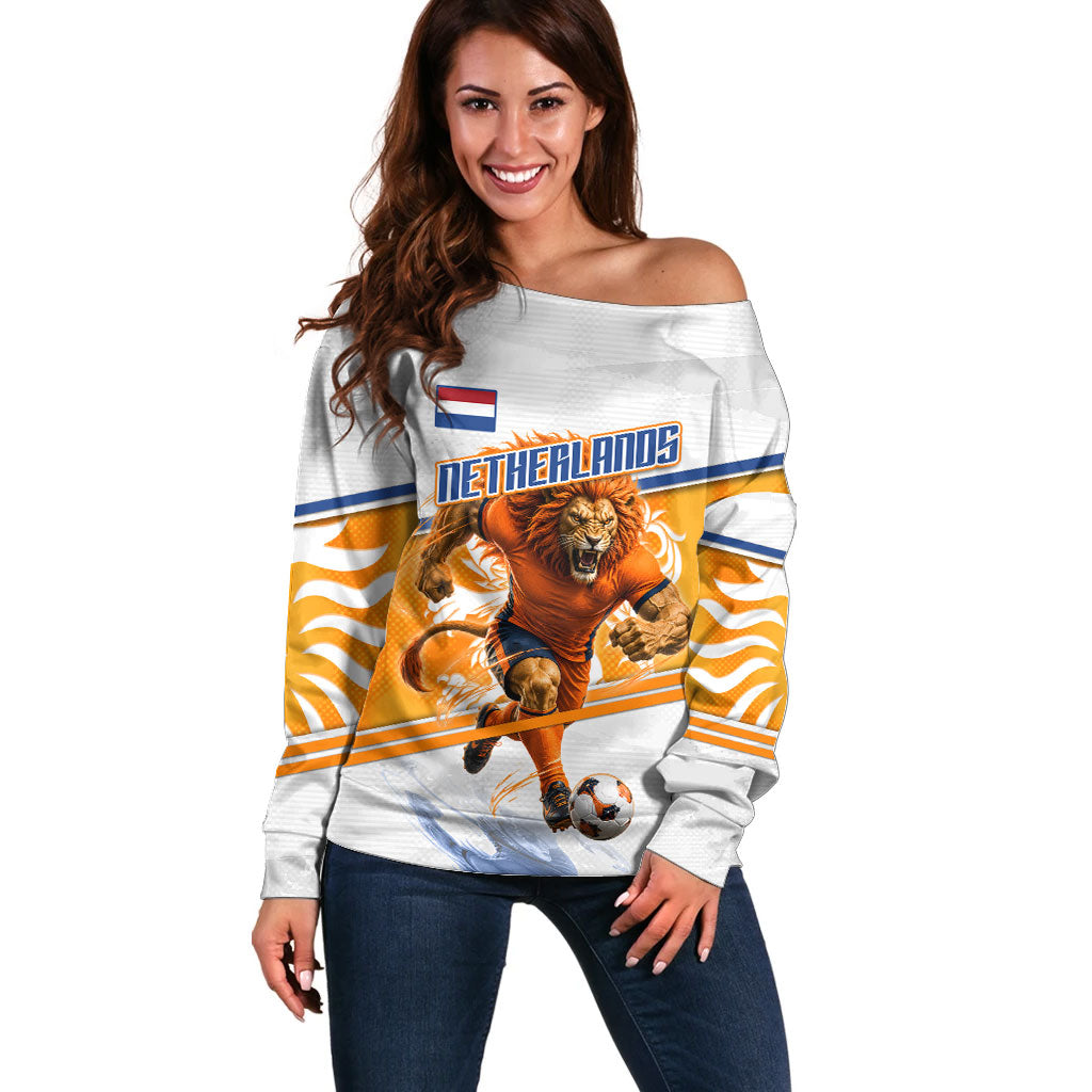 Personalized Netherlands Football Off Shoulder Sweater Dutch Lion Heritage Mascot Flame Swirl