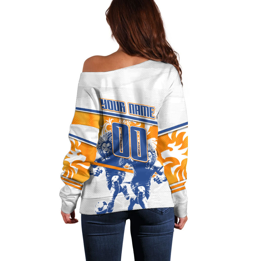 Personalized Netherlands Football Off Shoulder Sweater Dutch Lion Heritage Mascot Flame Swirl