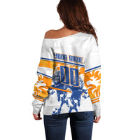 Personalized Netherlands Football Off Shoulder Sweater Dutch Lion Heritage Mascot Flame Swirl