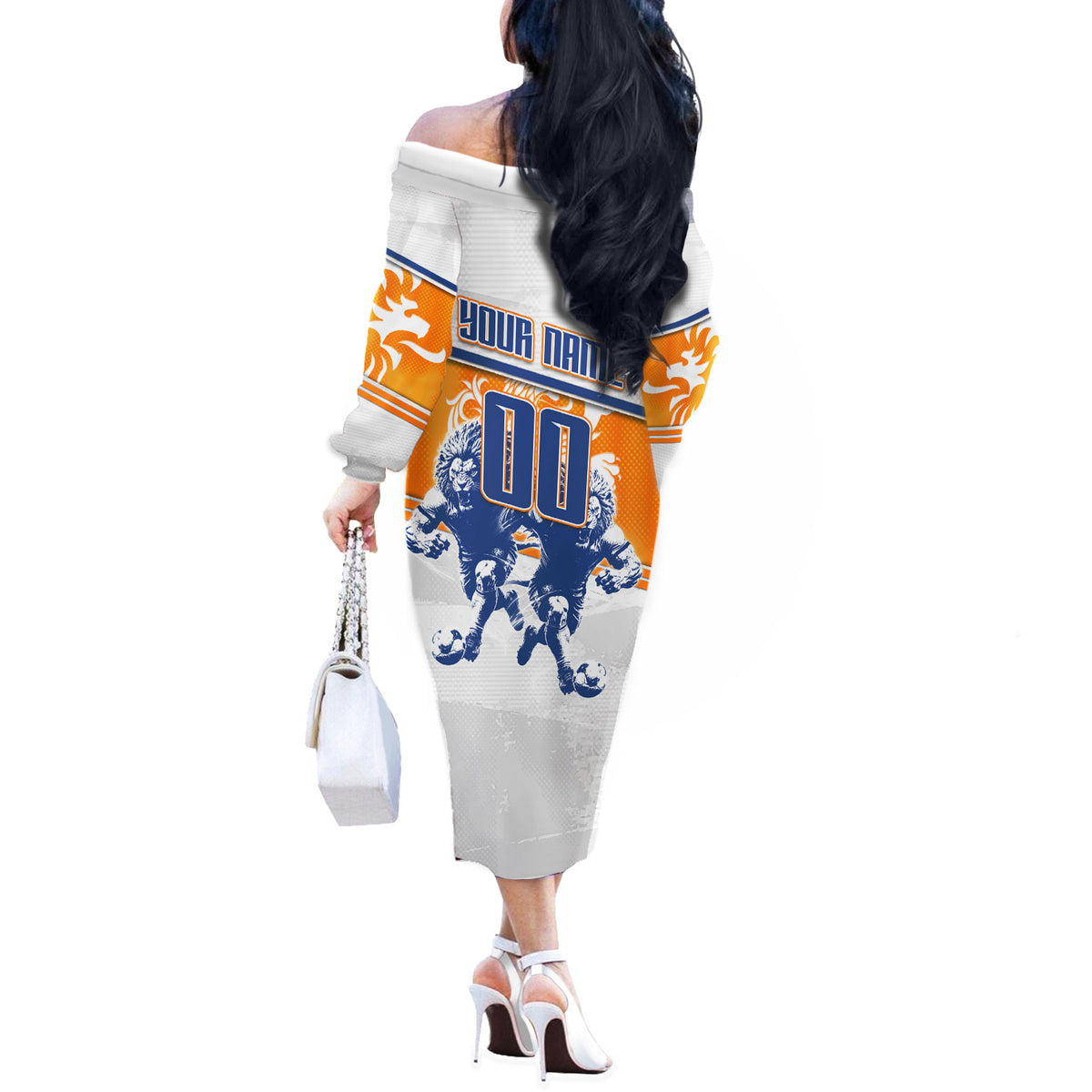 Personalized Netherlands Football Off The Shoulder Long Sleeve Dress Dutch Lion Heritage Mascot Flame Swirl