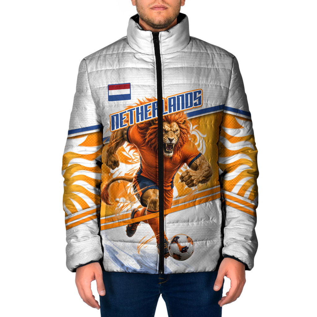 Personalized Netherlands Football Padded Jacket Dutch Lion Heritage Mascot Flame Swirl