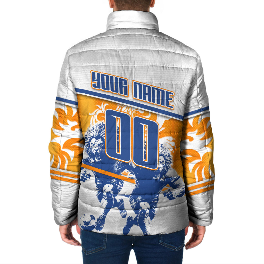 Personalized Netherlands Football Padded Jacket Dutch Lion Heritage Mascot Flame Swirl