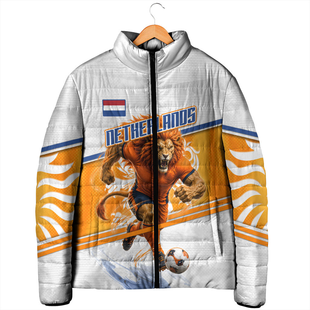 Personalized Netherlands Football Padded Jacket Dutch Lion Heritage Mascot Flame Swirl