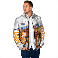 Personalized Netherlands Football Padded Jacket Dutch Lion Heritage Mascot Flame Swirl