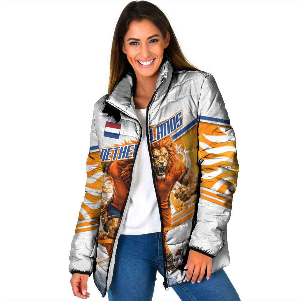 Personalized Netherlands Football Padded Jacket Dutch Lion Heritage Mascot Flame Swirl