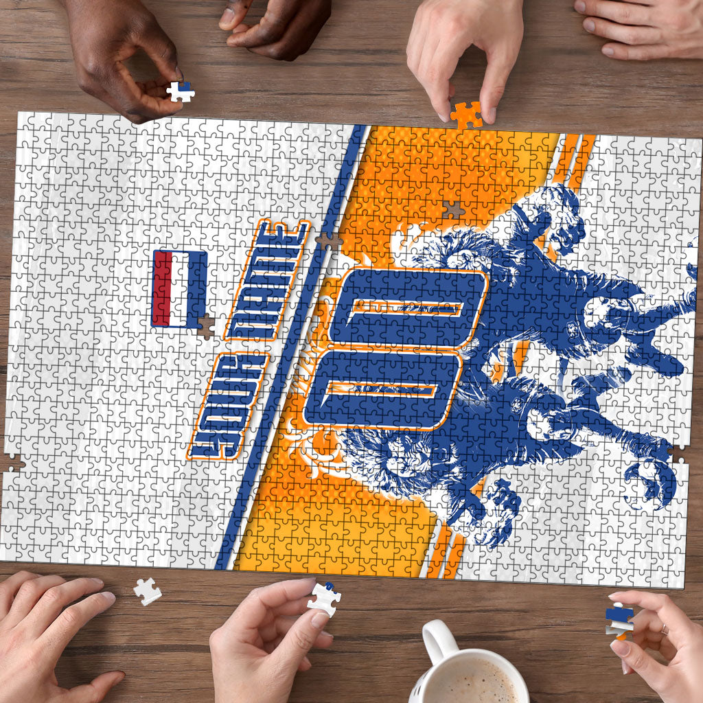 Personalized Netherlands Football Puzzle Dutch Lion Heritage Mascot Flame Swirl
