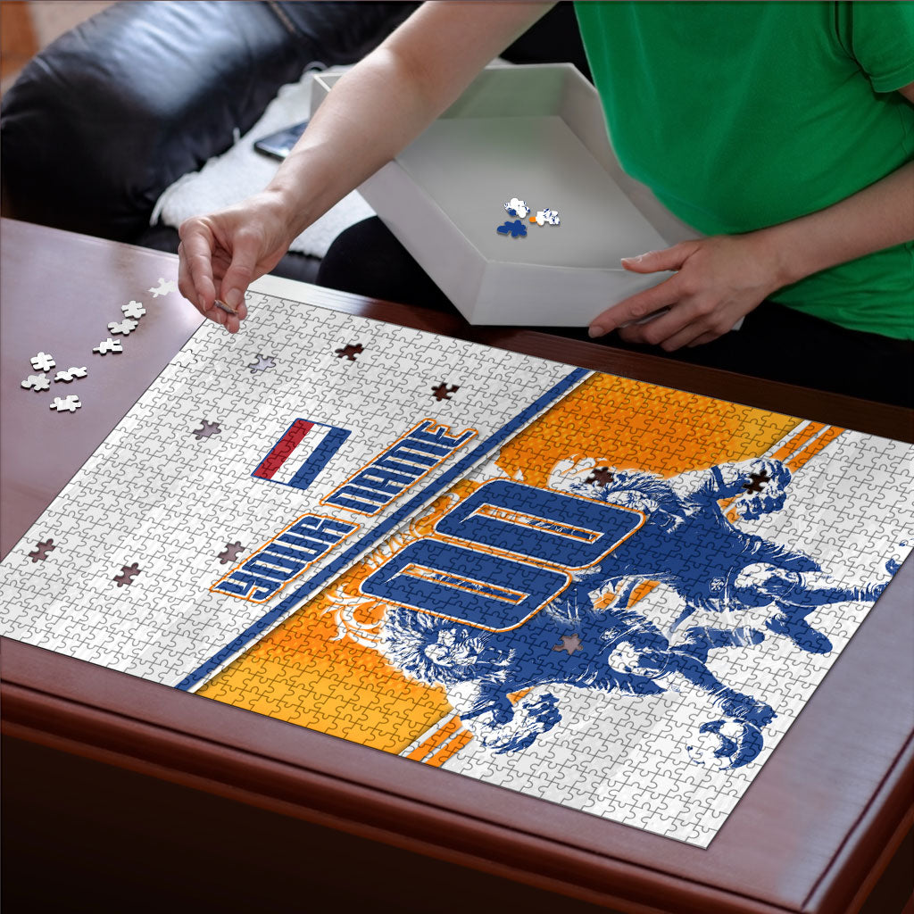 Personalized Netherlands Football Puzzle Dutch Lion Heritage Mascot Flame Swirl