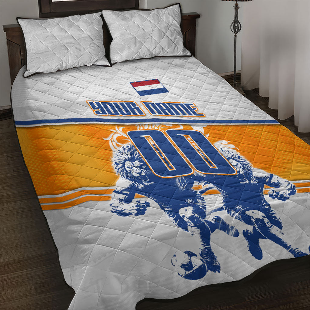 Personalized Netherlands Football Quilt Bed Set Dutch Lion Heritage Mascot Flame Swirl