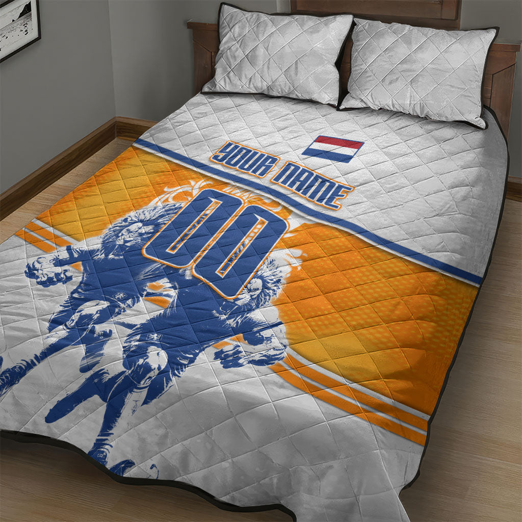Personalized Netherlands Football Quilt Bed Set Dutch Lion Heritage Mascot Flame Swirl