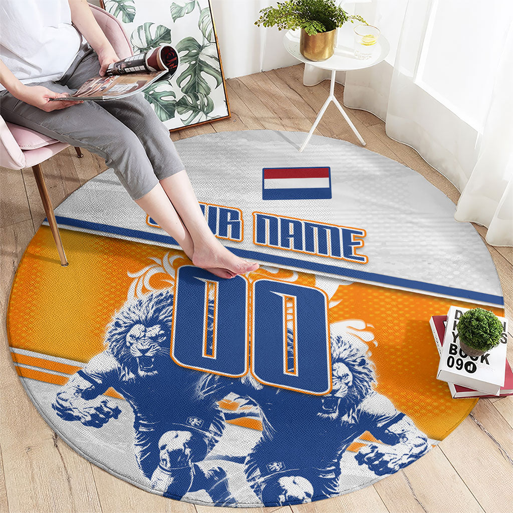 Personalized Netherlands Football Round Carpet Dutch Lion Heritage Mascot Flame Swirl
