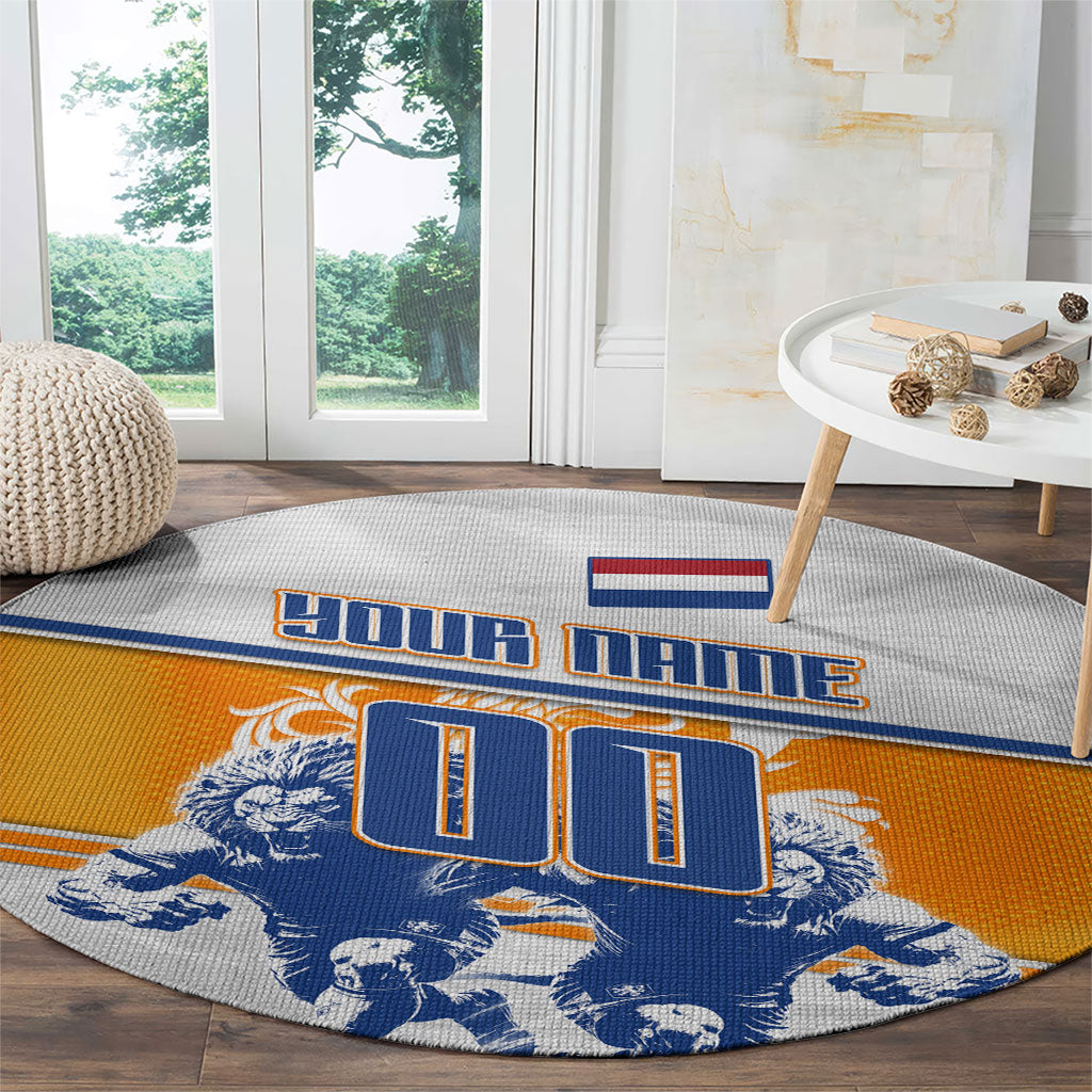 Personalized Netherlands Football Round Carpet Dutch Lion Heritage Mascot Flame Swirl
