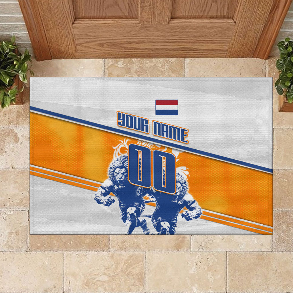 Personalized Netherlands Football Rubber Doormat Dutch Lion Heritage Mascot Flame Swirl