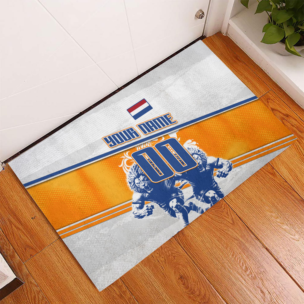 Personalized Netherlands Football Rubber Doormat Dutch Lion Heritage Mascot Flame Swirl