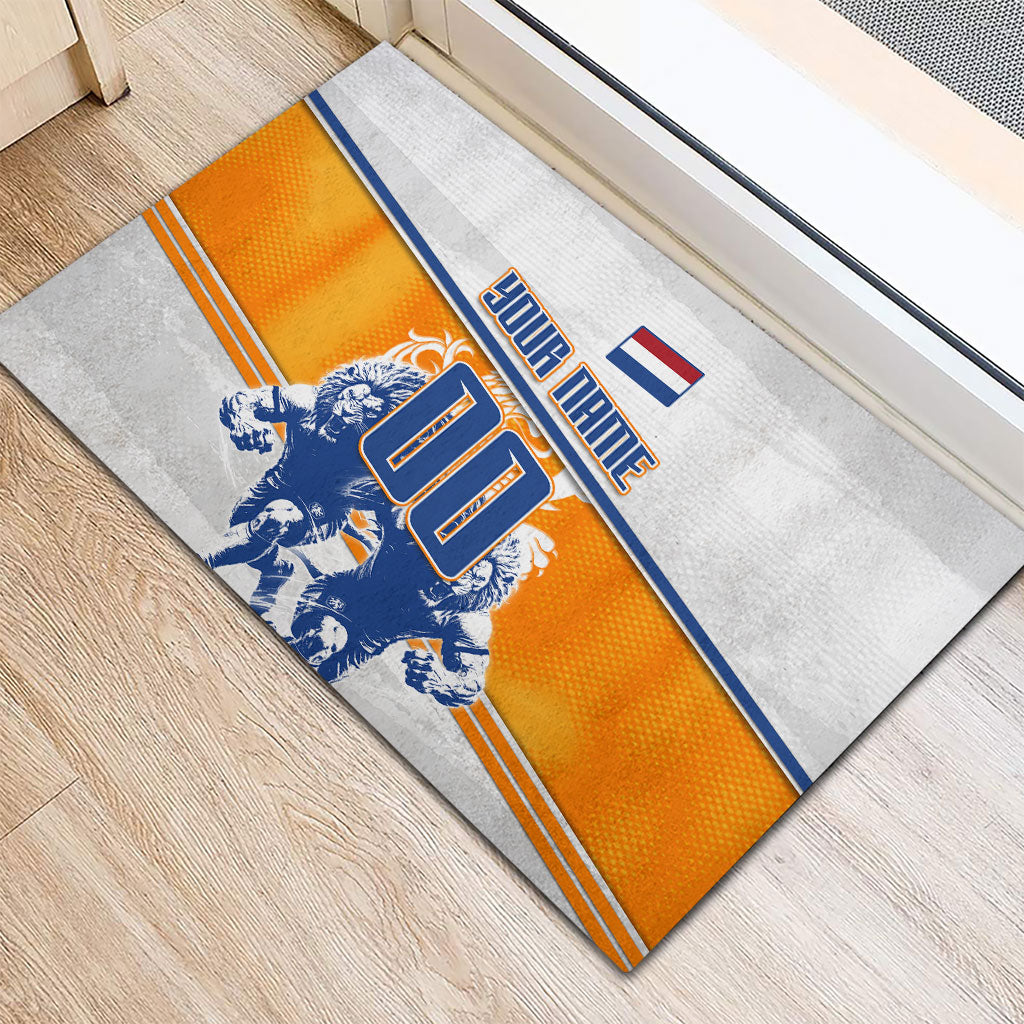 Personalized Netherlands Football Rubber Doormat Dutch Lion Heritage Mascot Flame Swirl