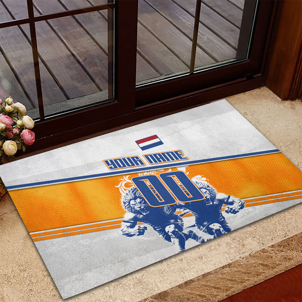 Personalized Netherlands Football Rubber Doormat Dutch Lion Heritage Mascot Flame Swirl
