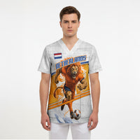 Personalized Netherlands Football Scrub Top Dutch Lion Heritage Mascot Flame Swirl