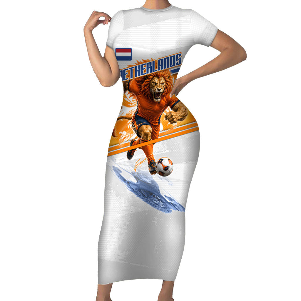 Personalized Netherlands Football Short Sleeve Bodycon Dress Dutch Lion Heritage Mascot Flame Swirl
