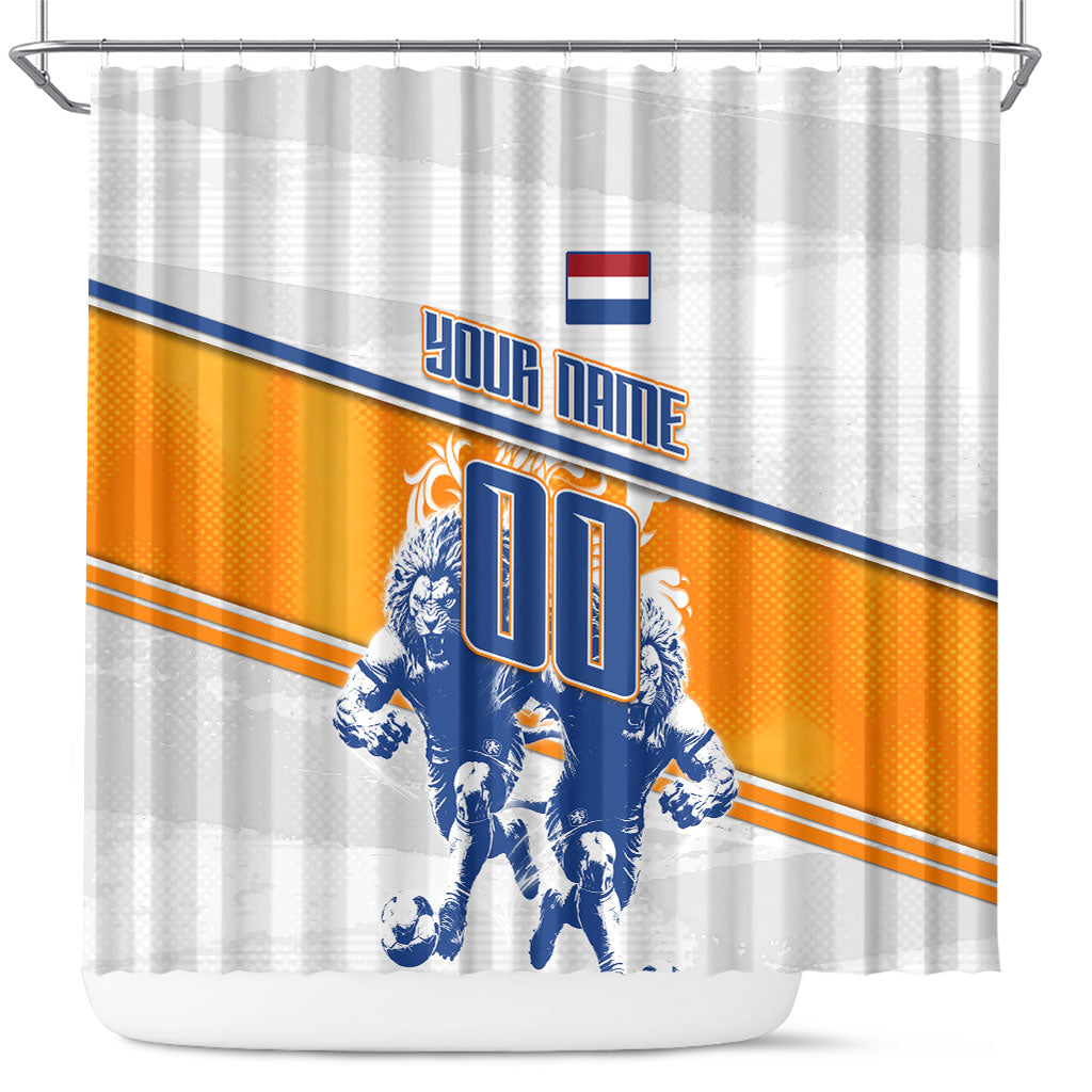 Personalized Netherlands Football Shower Curtain Dutch Lion Heritage Mascot Flame Swirl
