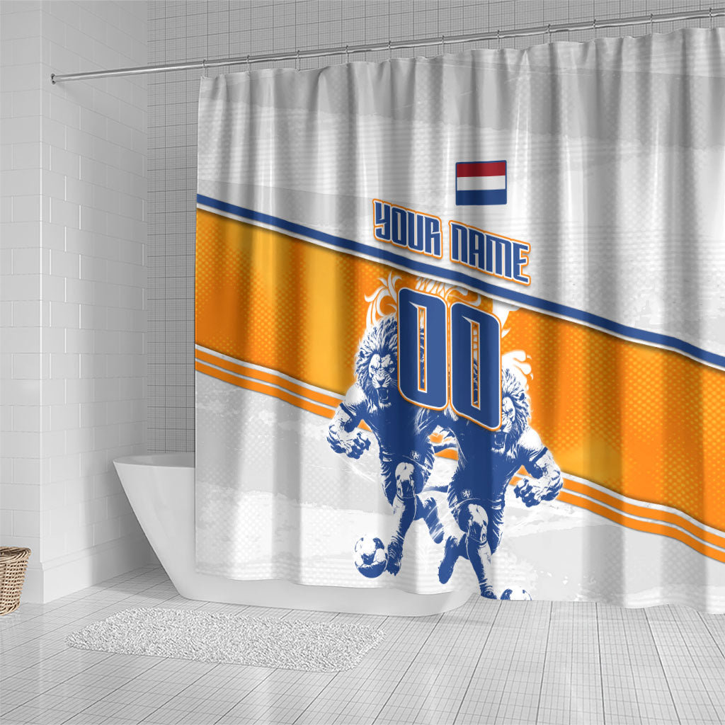 Personalized Netherlands Football Shower Curtain Dutch Lion Heritage Mascot Flame Swirl