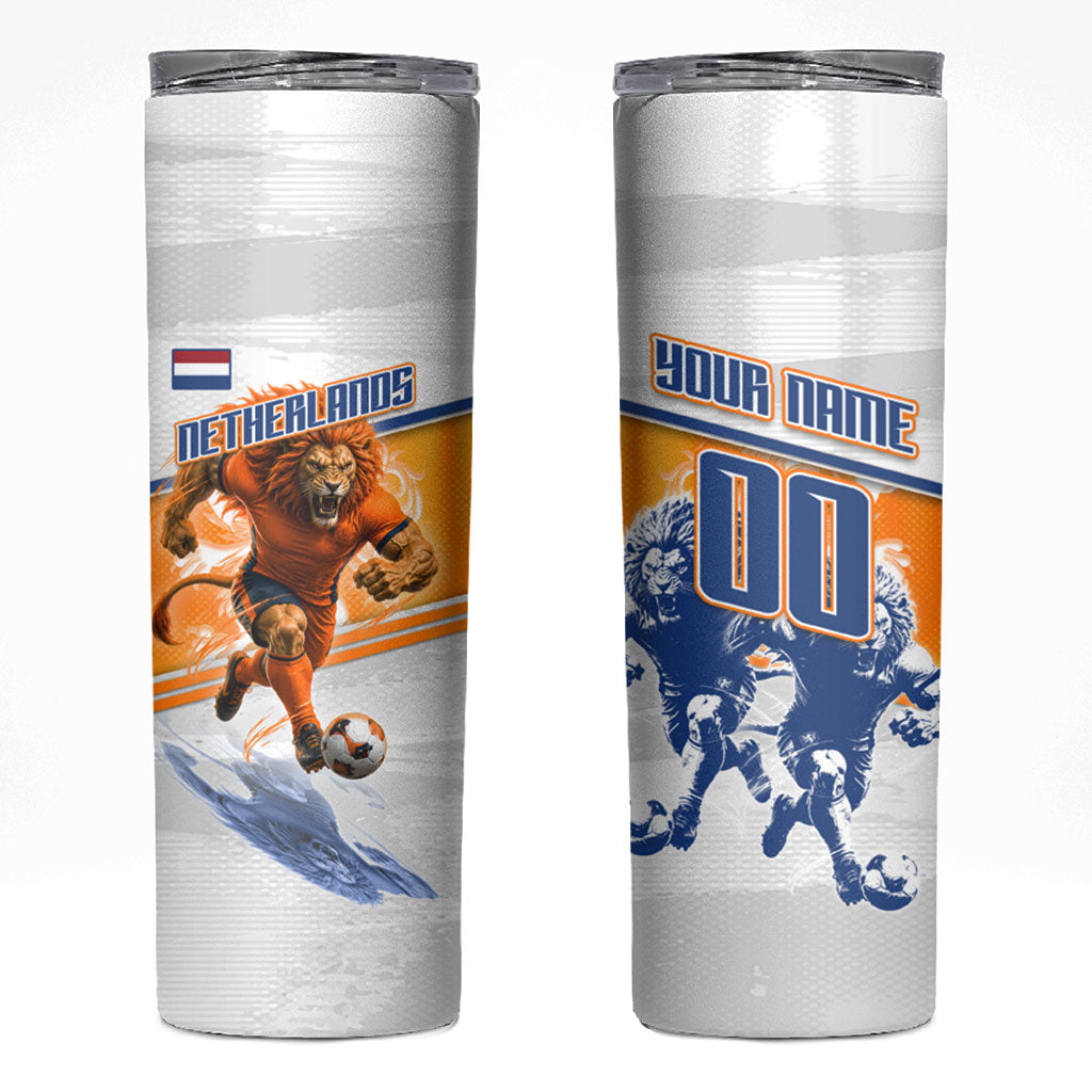 Personalized Netherlands Football Skinny Tumbler Dutch Lion Heritage Mascot Flame Swirl