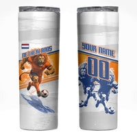 Personalized Netherlands Football Skinny Tumbler Dutch Lion Heritage Mascot Flame Swirl