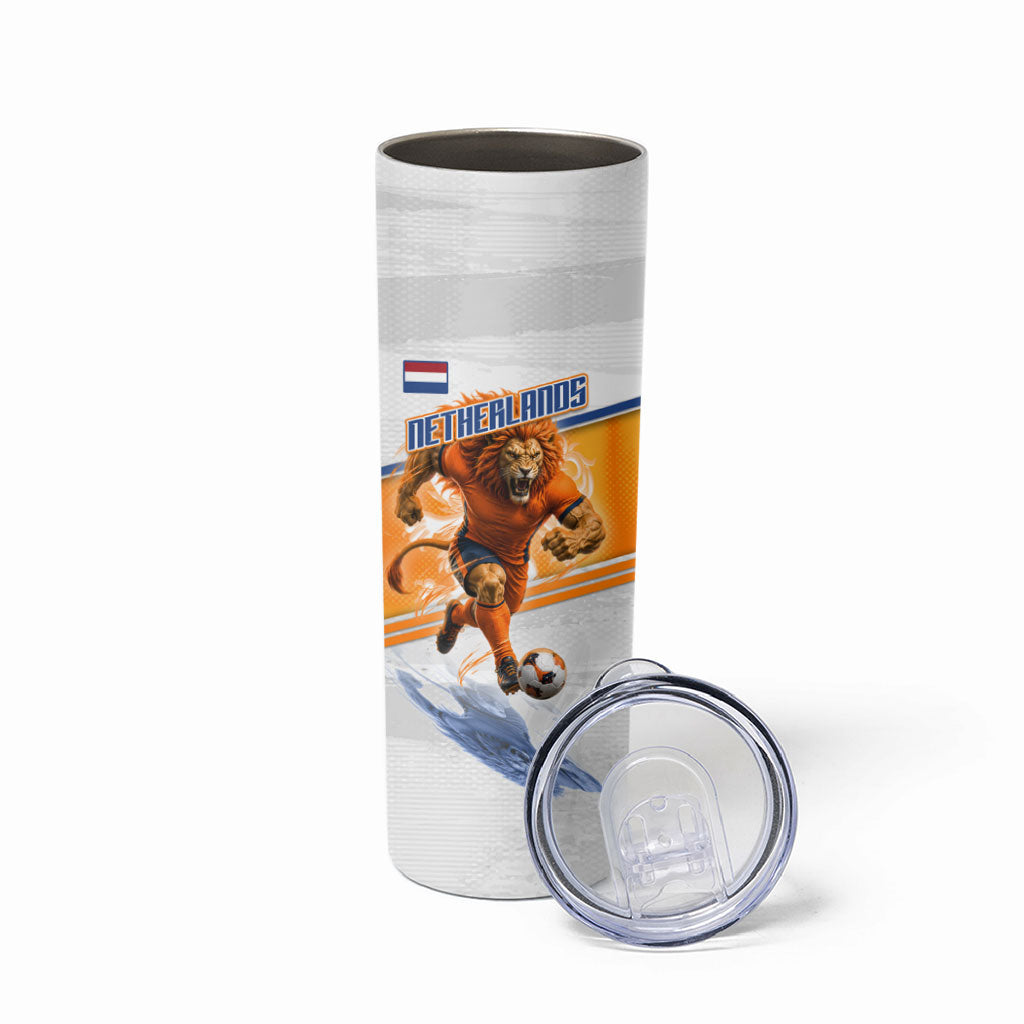 Personalized Netherlands Football Skinny Tumbler Dutch Lion Heritage Mascot Flame Swirl