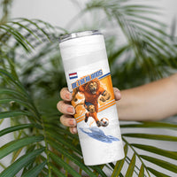 Personalized Netherlands Football Skinny Tumbler Dutch Lion Heritage Mascot Flame Swirl