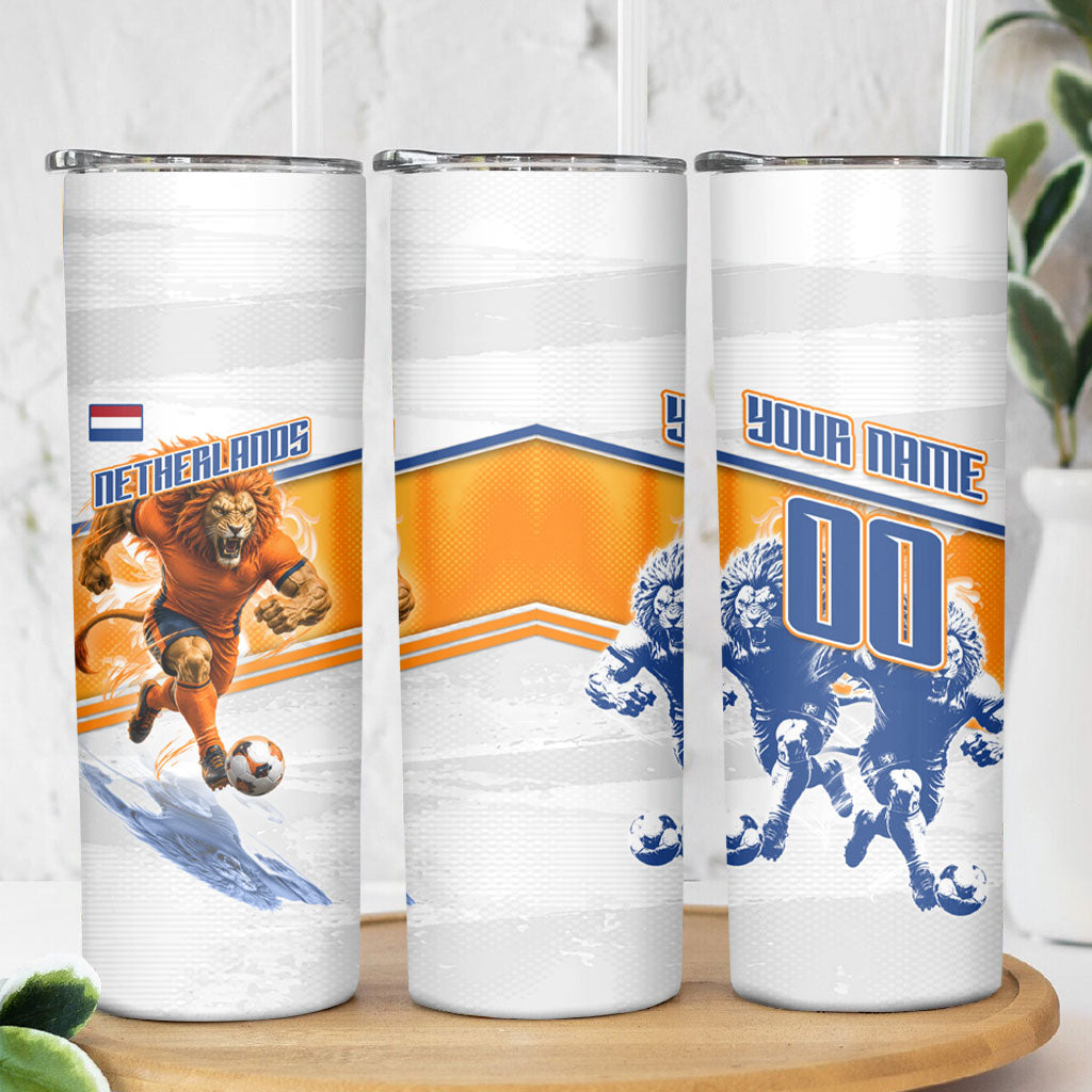 Personalized Netherlands Football Skinny Tumbler Dutch Lion Heritage Mascot Flame Swirl