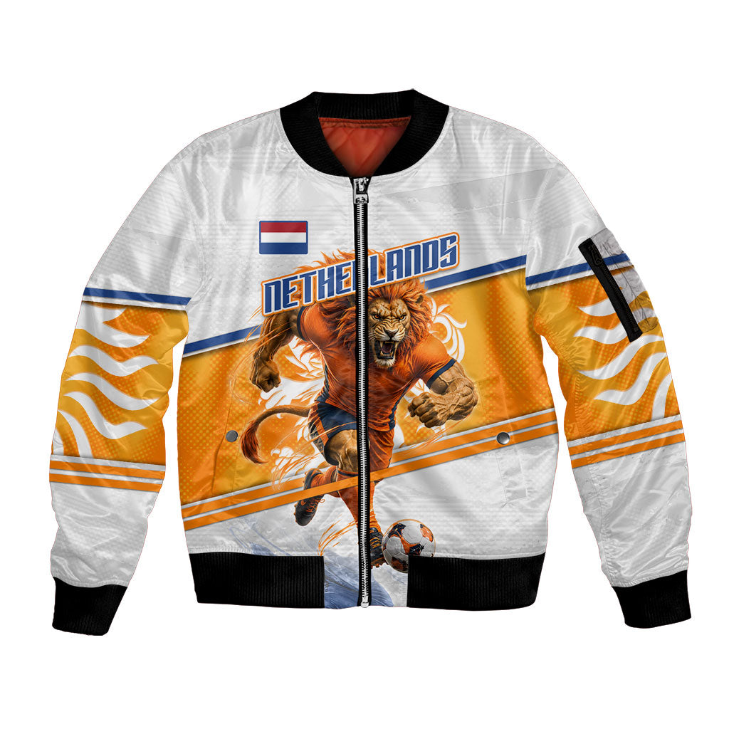 Personalized Netherlands Football Sleeve Zip Bomber Jacket Dutch Lion Heritage Mascot Flame Swirl