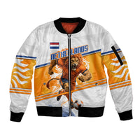 Personalized Netherlands Football Sleeve Zip Bomber Jacket Dutch Lion Heritage Mascot Flame Swirl