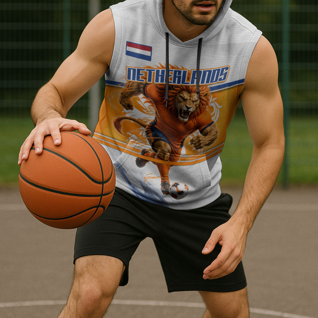 Personalized Netherlands Football Sleeveless Hoodie Dutch Lion Heritage Mascot Flame Swirl