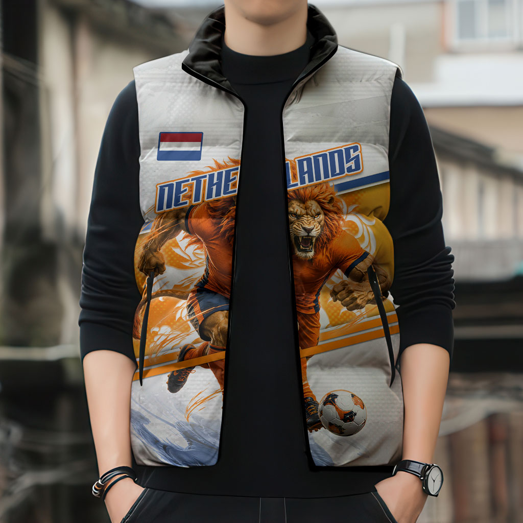 Personalized Netherlands Football Sleeveless Puffer Jacket Dutch Lion Heritage Mascot Flame Swirl