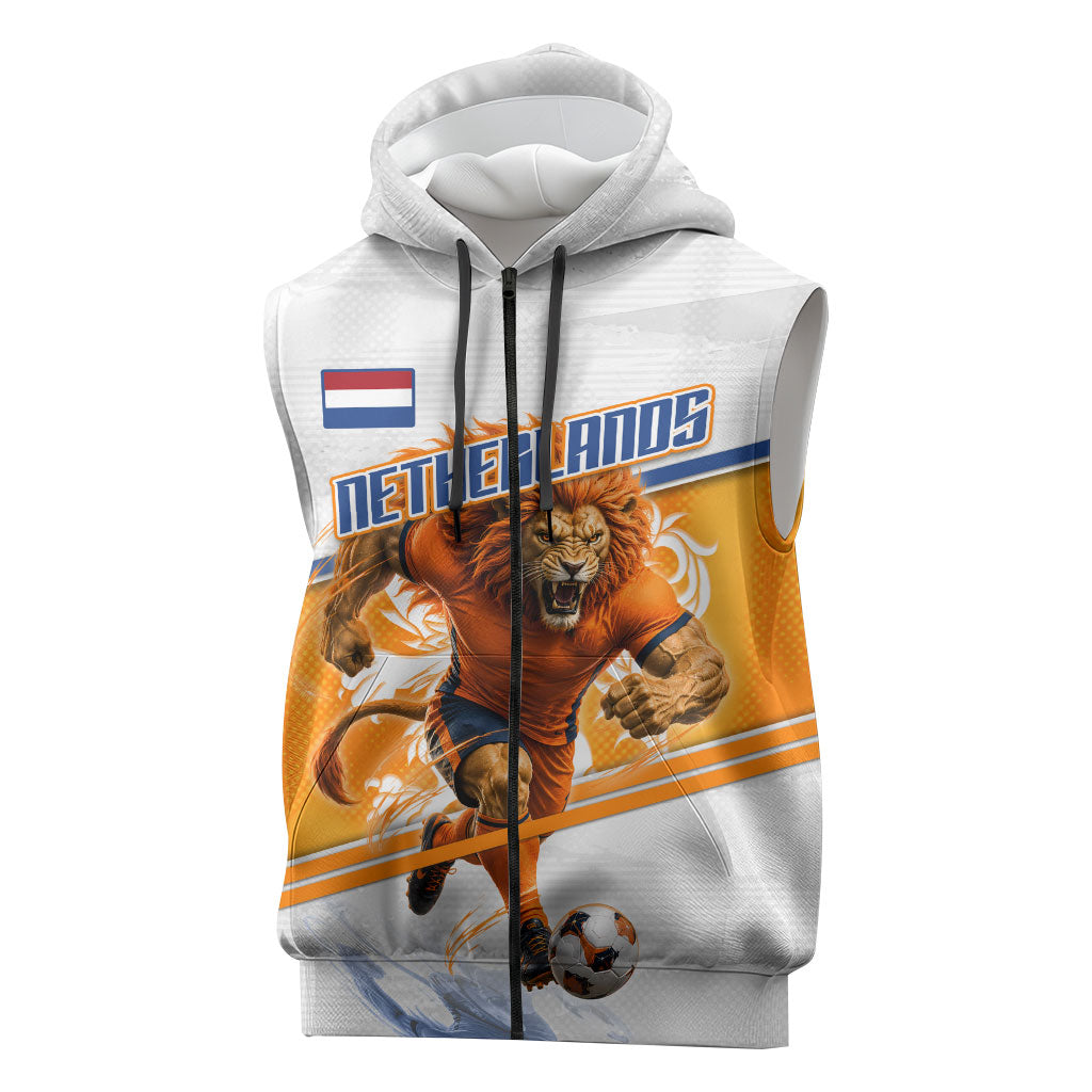 Personalized Netherlands Football Sleeveless Zip Hoodie Dutch Lion Heritage Mascot Flame Swirl
