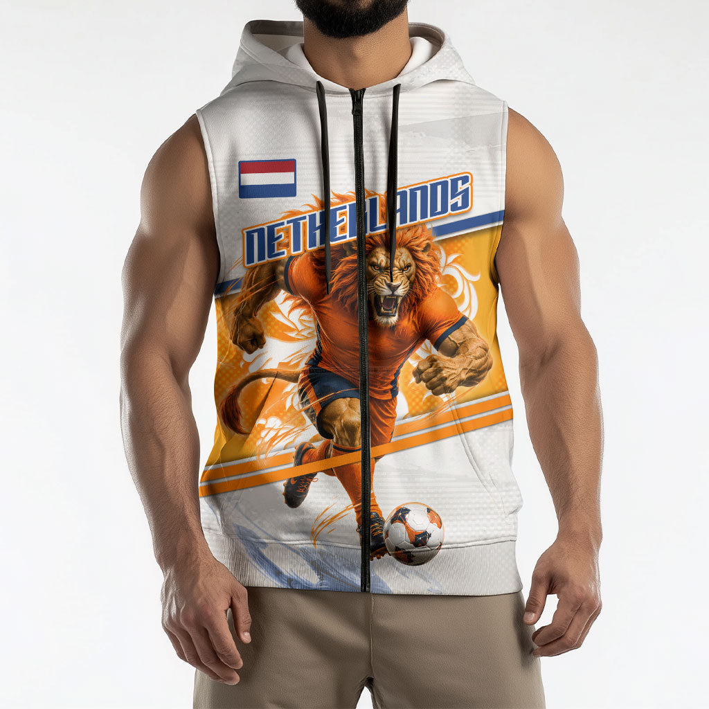 Personalized Netherlands Football Sleeveless Zip Hoodie Dutch Lion Heritage Mascot Flame Swirl