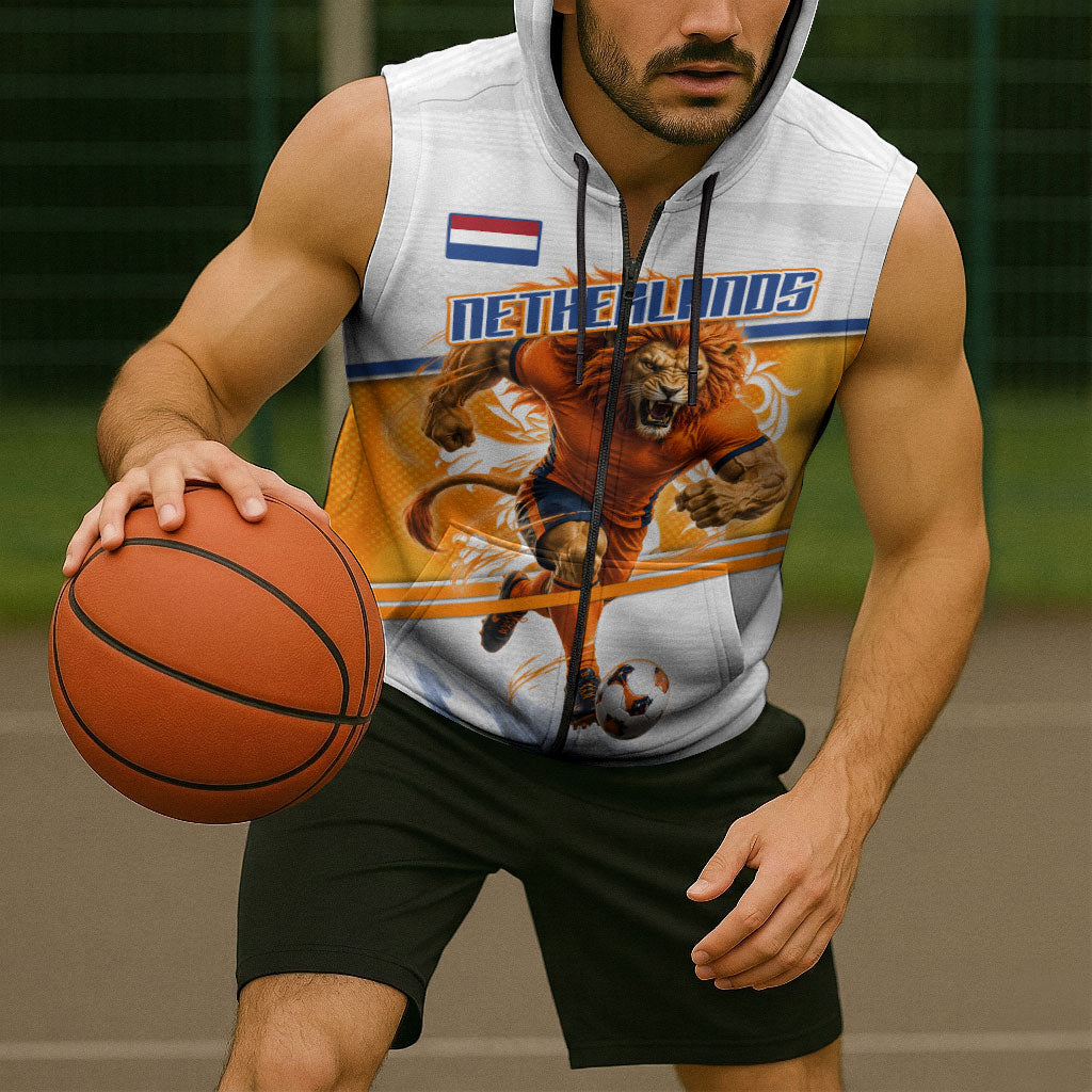 Personalized Netherlands Football Sleeveless Zip Hoodie Dutch Lion Heritage Mascot Flame Swirl